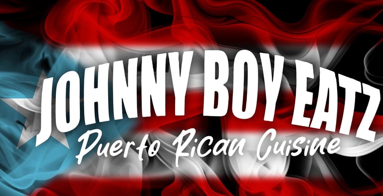 Logo for Johnny Boy Eatz Puerto Rican Cuisine with red and blue flame effects on dark background