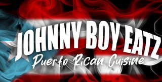 Johnny Boy Eatz Puerto Rican Cuisine logo with red and blue flame design