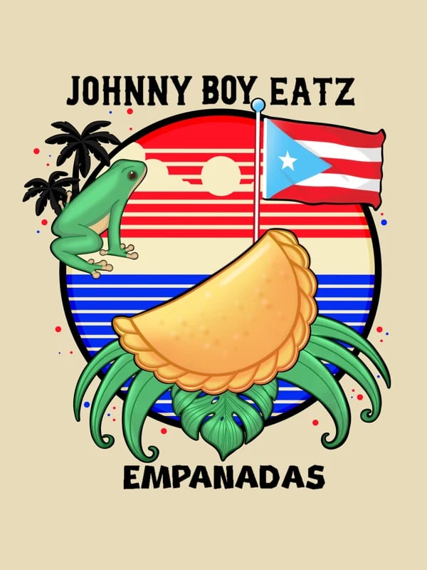 Johnny Boy Eatz Empanadas logo with green frog, golden empanada, Puerto Rican flag, and tropical elements on cream background